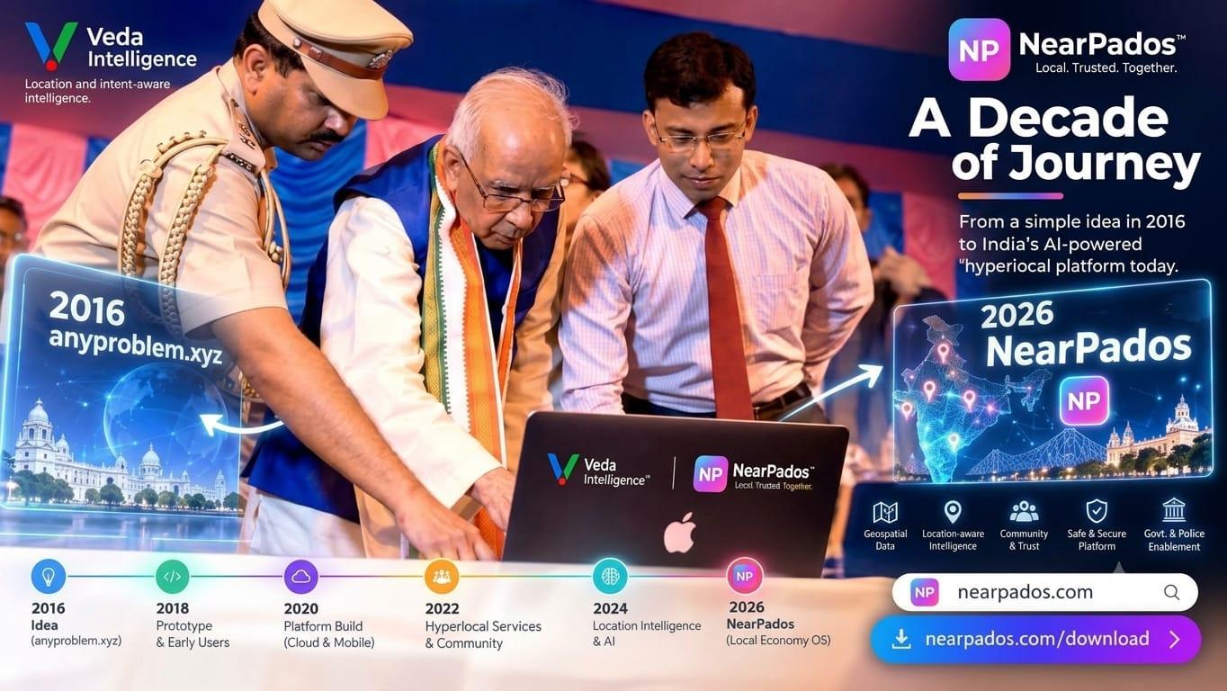 Founder-supplied poster titled A Decade of Journey. It shows a designed 2016 to 2026 graphic about AnyProblem.xyz and NearPados, including a photograph of several people. The people are not identified on this page. This is not a product screenshot.